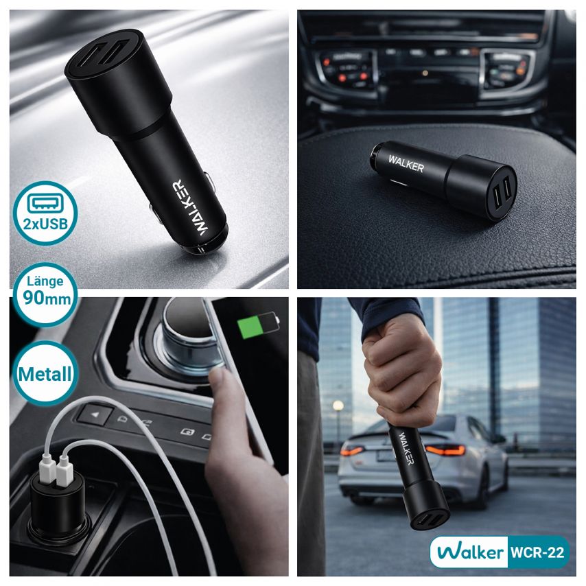 Autoladegerät (Adapter) WALKER WCR-22 2USB 1.0A / 2.4A schwarz