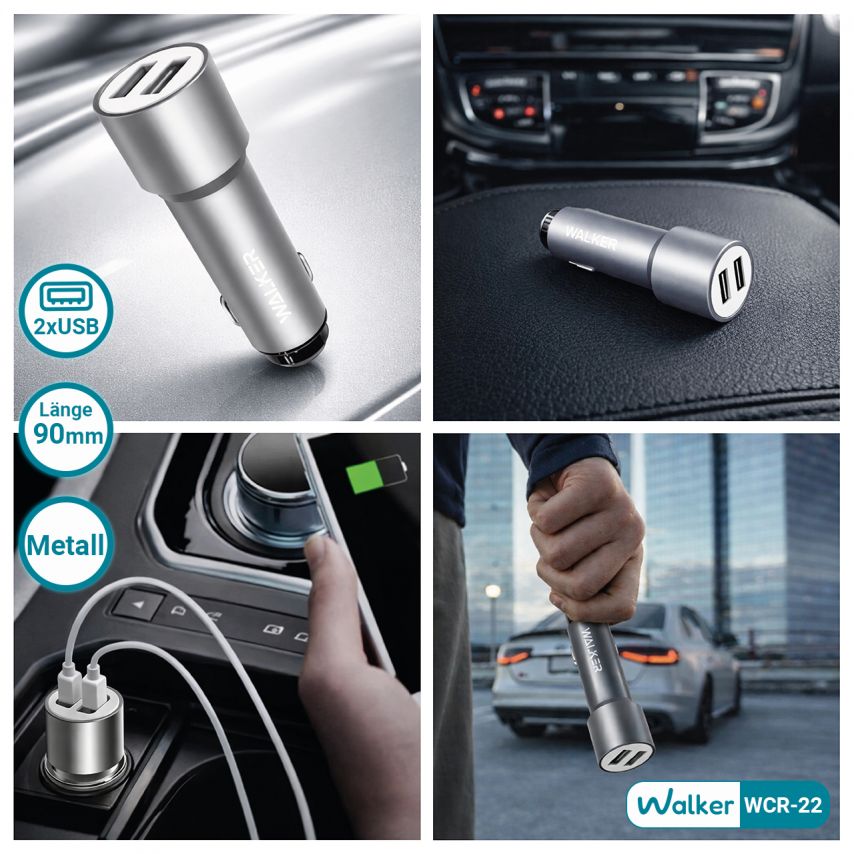 Autoladegerät (Adapter) WALKER WCR-22 2USB 1.0А / 2.4A silber