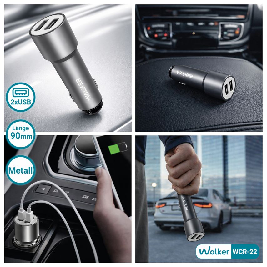 Autoladegerät (Adapter) WALKER WCR-22 2USB 1.0A / 2.4A grau
