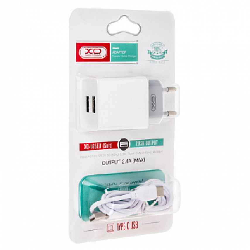 Network Charger (Adapter) 2in1 XO L65 2USB / 2.4A + Type-C white